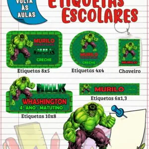 Etiqueta Escolar Hulk - Arquivo Digital 12 Etiqueta Escolar Hulk - Arquivo Digital