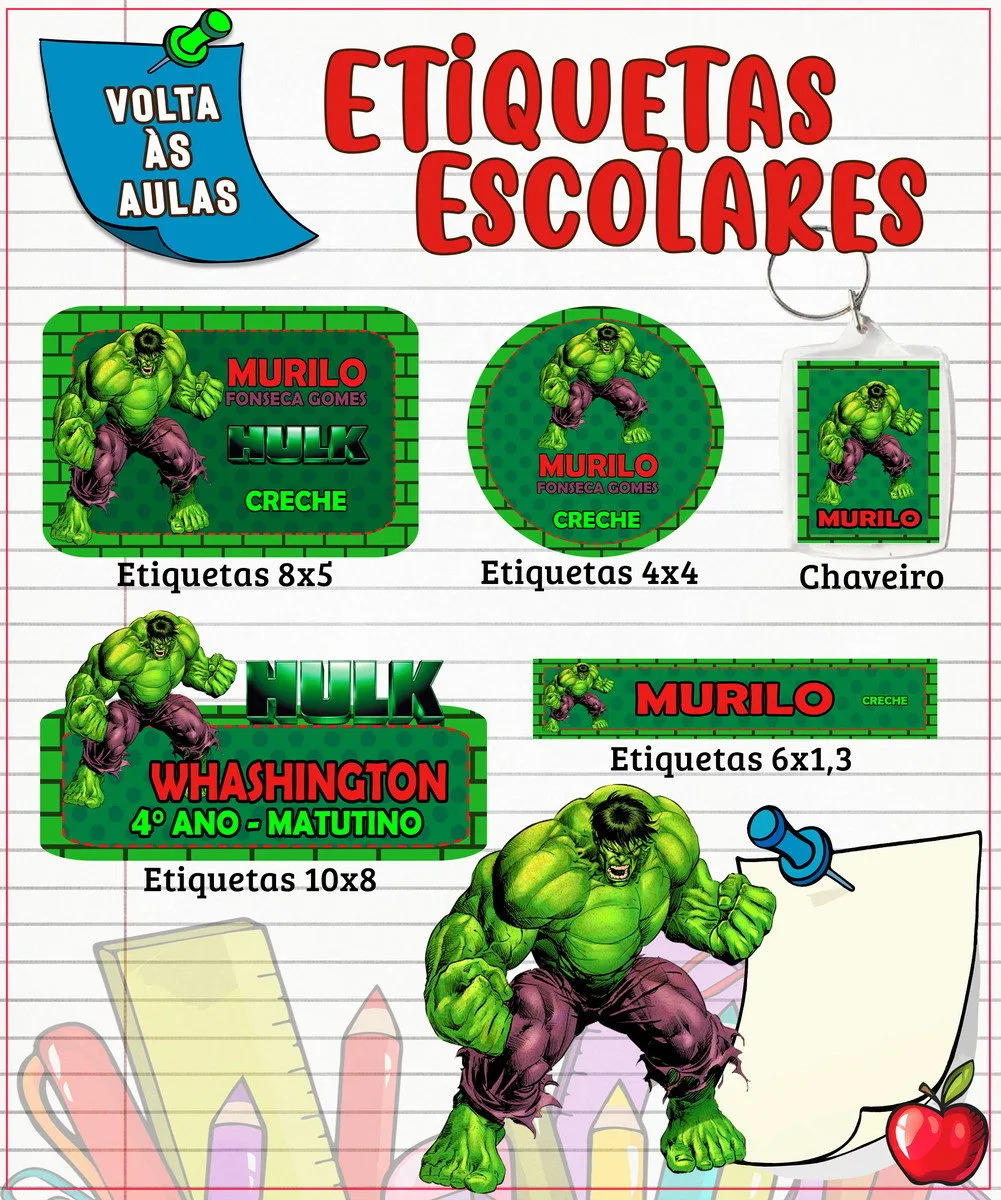 Etiqueta Escolar Hulk - Arquivo Digital 1 Etiqueta Escolar Hulk - Arquivo Digital