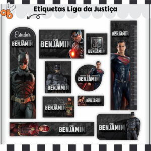 Etiqueta Escolar Liga da Justiça em arquivo digital 18 Etiquetas digitais de super-heróis da Liga da Justiça personalizadas com o nome Benjamim.