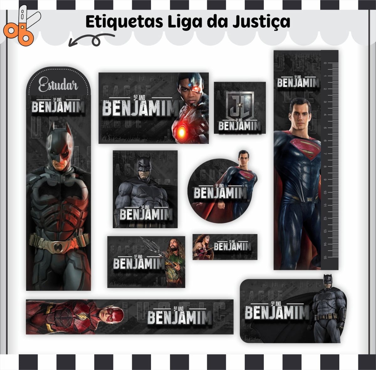 Etiqueta Escolar Liga da Justiça em arquivo digital 1 Etiquetas digitais de super-heróis da Liga da Justiça personalizadas com o nome Benjamim.