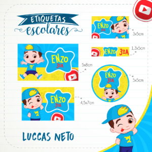 Arte digital de etiquetas escolares personalizadas com personagem infantil e diferentes formatos.