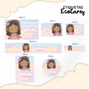Arte digital de etiquetas escolares personalizáveis com personagem infantil e texto.