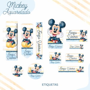 Arte digital de etiquetas personalizadas com personagem de rato em estilo aquarela.