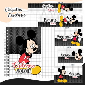 Conjunto de designs digitais para etiquetas e capa de caderno com camundongo animado.
