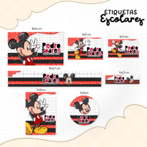 Etiqueta Escolar Mickey Vermelho Arquivo Digital Editável 5 Conjunto de etiquetas escolares digitais com personagem de desenho animado e texto personalizado.
