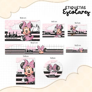Conjunto de etiquetas escolares personalizadas com tema rosa e personagem infantil.