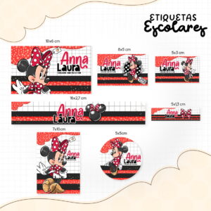 Conjunto de etiquetas escolares personalizadas com tema vermelho e preto e personagem.
