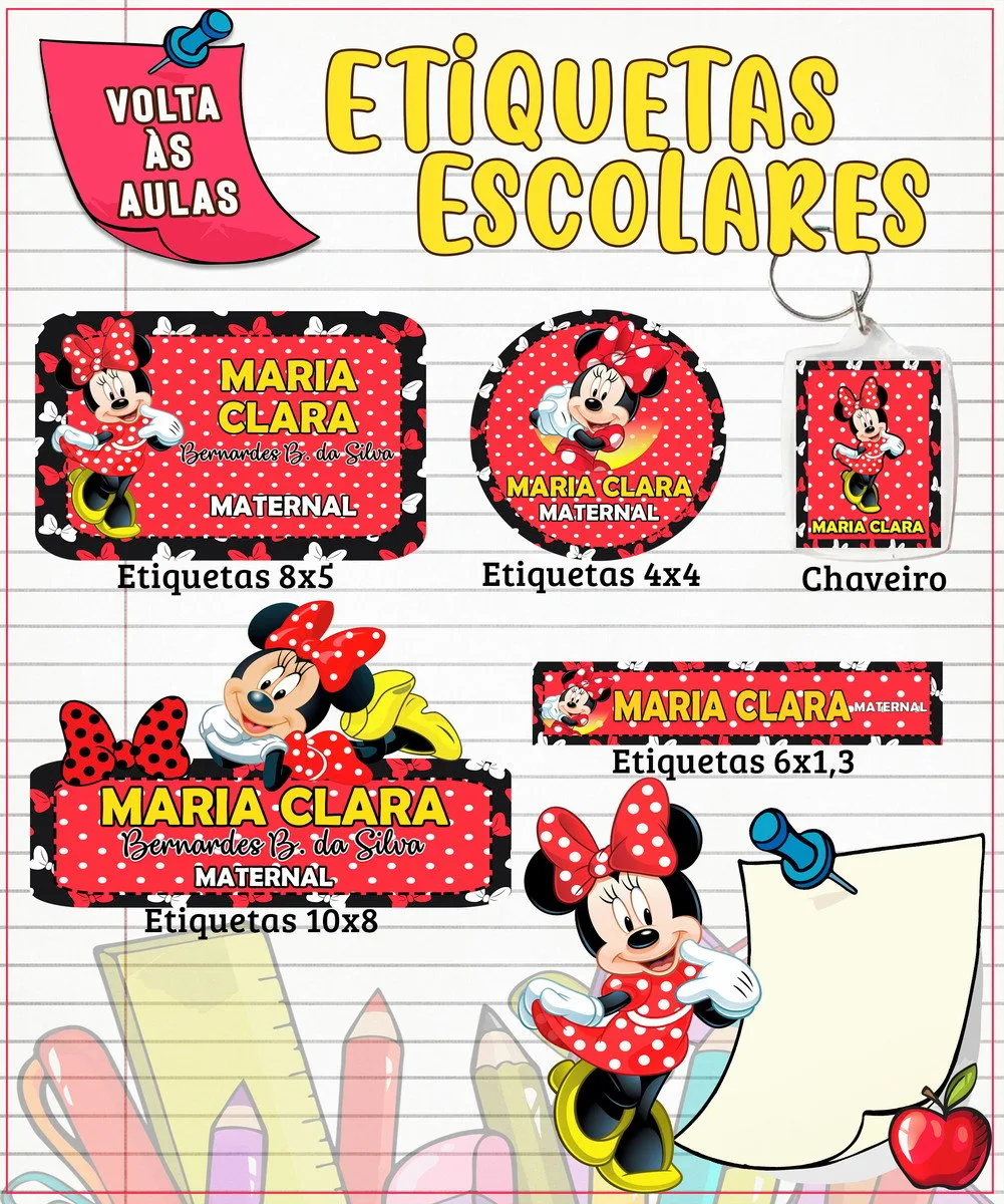Etiqueta Escolar Minnie Vermelha - Arquivo Digital 1 Etiqueta Escolar Minnie Vermelha - Arquivo Digital