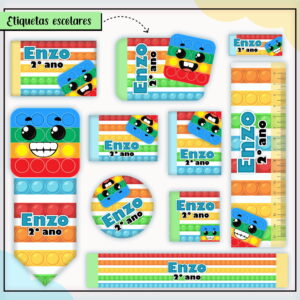 Etiquetas escolares digitais coloridas com tema de brinquedo sensorial e texto de personalização.