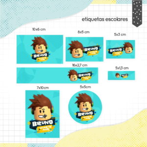 Arte digital de etiquetas escolares personalizáveis com personagem animado e espaço para texto.