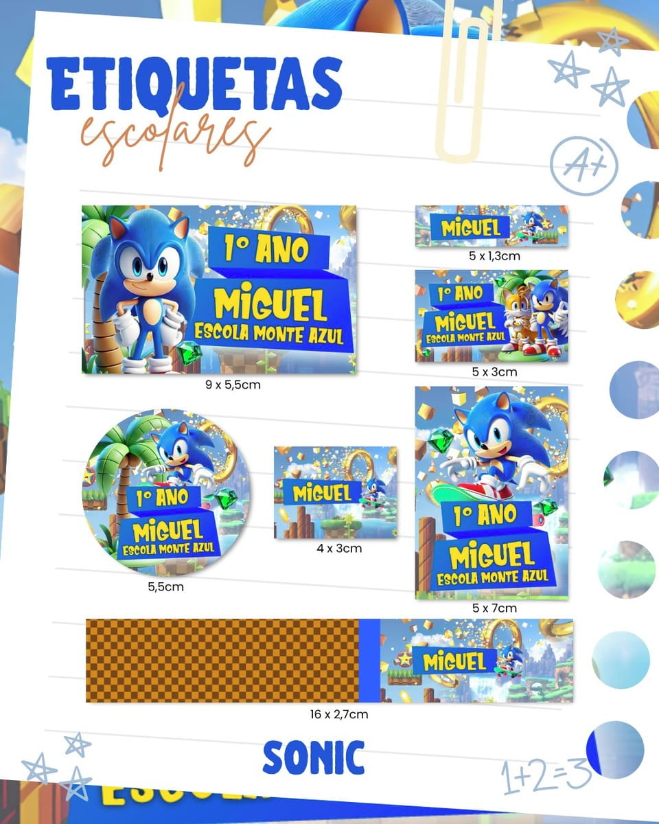 Etiqueta Escolar Sonic PNG e PDF para Imprimir 1 Folha com etiquetas escolares variadas com tema de personagem azul.