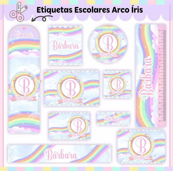 Etiqueta Escolar Tema Arco-Íris V2 - Arquivo Digital