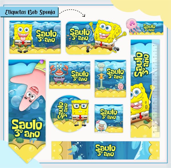 Etiqueta Escolar Tema Bob Esponja - Arquivo Digital