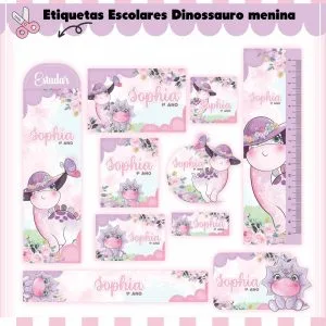 Etiqueta Escolar Tema Dino Menina - Arquivo Digital 11 Etiqueta Escolar Tema Dino Menina - Arquivo Digital
