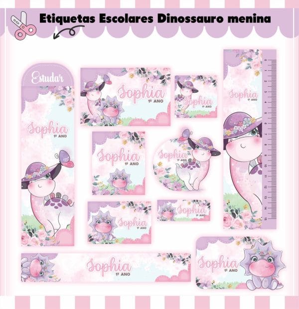 Etiqueta Escolar Tema Dino Menina - Arquivo Digital