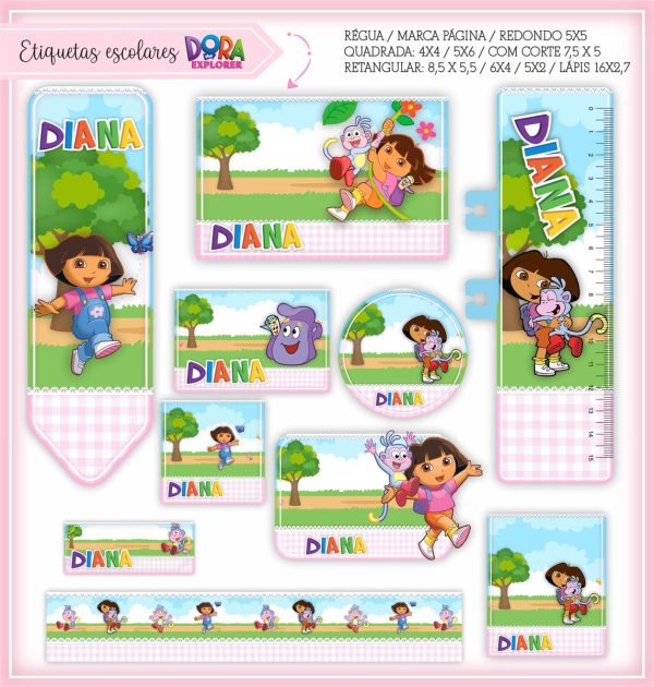 Etiqueta Escolar Tema Dora Aventureira - Arquivo Digital