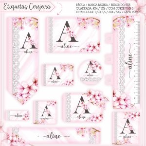 Etiqueta Escolar Tema Floral Cerejeira - Arquivo Digital