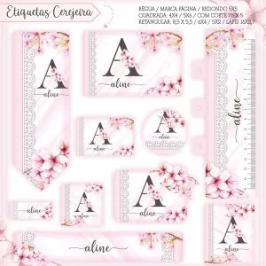 Etiqueta Escolar Tema Floral Cerejeira - Arquivo Digital