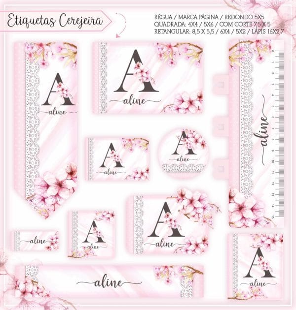 Etiqueta Escolar Tema Floral Cerejeira - Arquivo Digital