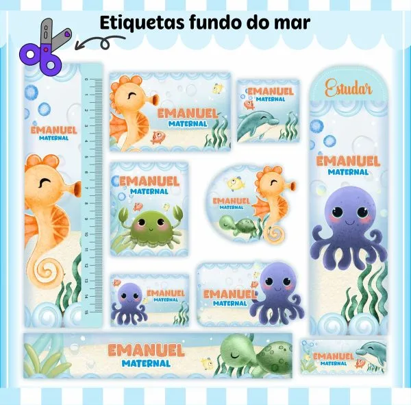 Etiqueta Escolar Tema Fundo do Mar Menino - Arquivo Digital