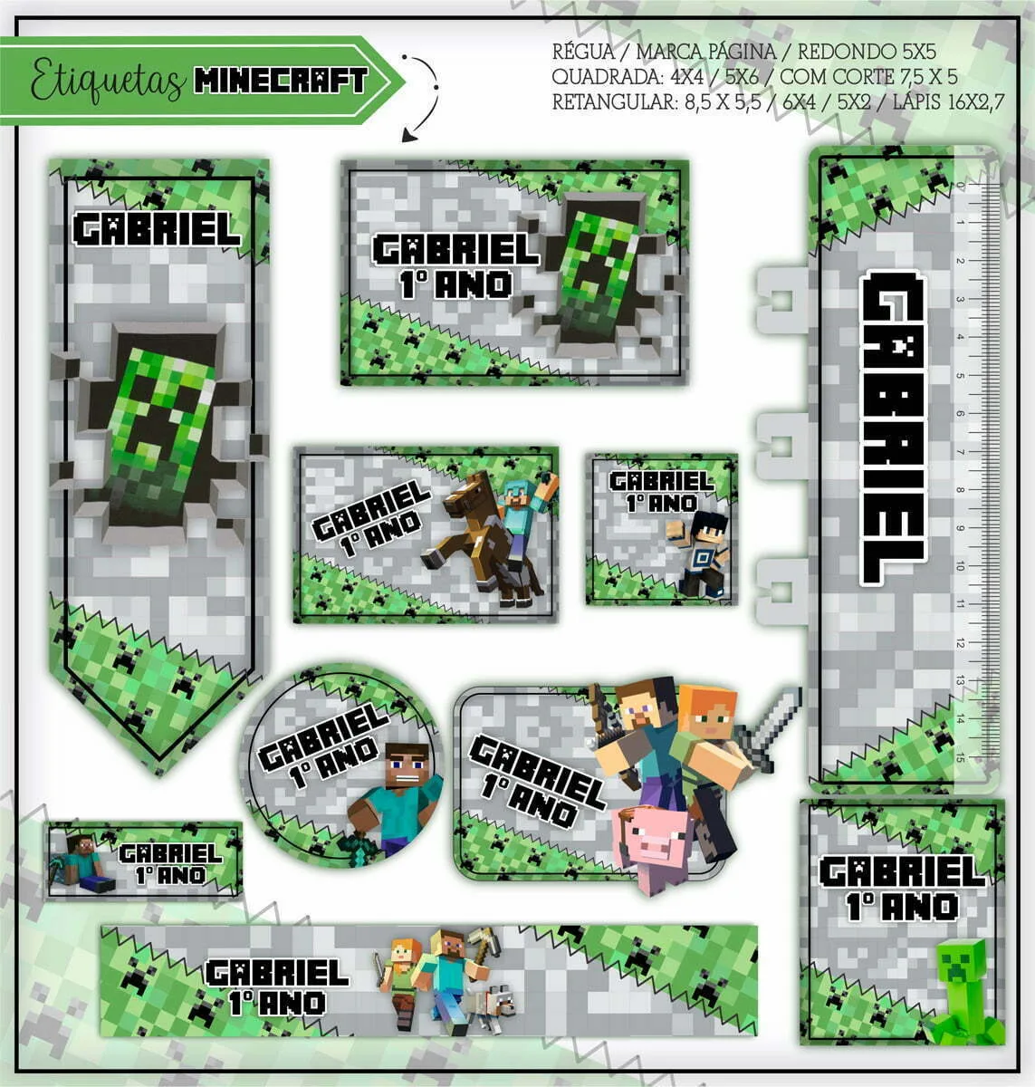 Etiqueta Escolar Tema Minecraft Verde - Arquivo Digital 1 Etiqueta Escolar Tema Minecraft Verde Arquivo Digital