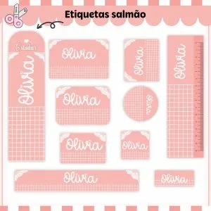 Etiqueta Escolar Tema Salmão Neutro - Arquivo Digital 2 Etiqueta Escolar Tema Salmão Neutro - Arquivo Digital