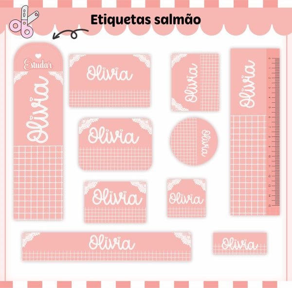 Etiqueta Escolar Tema Salmão Neutro - Arquivo Digital