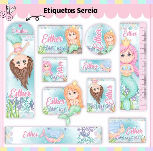 Etiqueta Escolar Tema Sereia V3 - Arquivo Digital