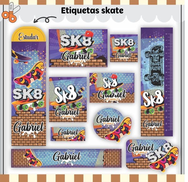 Etiqueta Escolar Tema Skate - Arquivo Digital