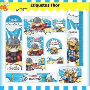 Etiqueta Escolar Thor Arquivo Digital para Personalizar 37 Etiquetas digitais personalizadas com personagem de capacete e capa vermelha, fundo azul.