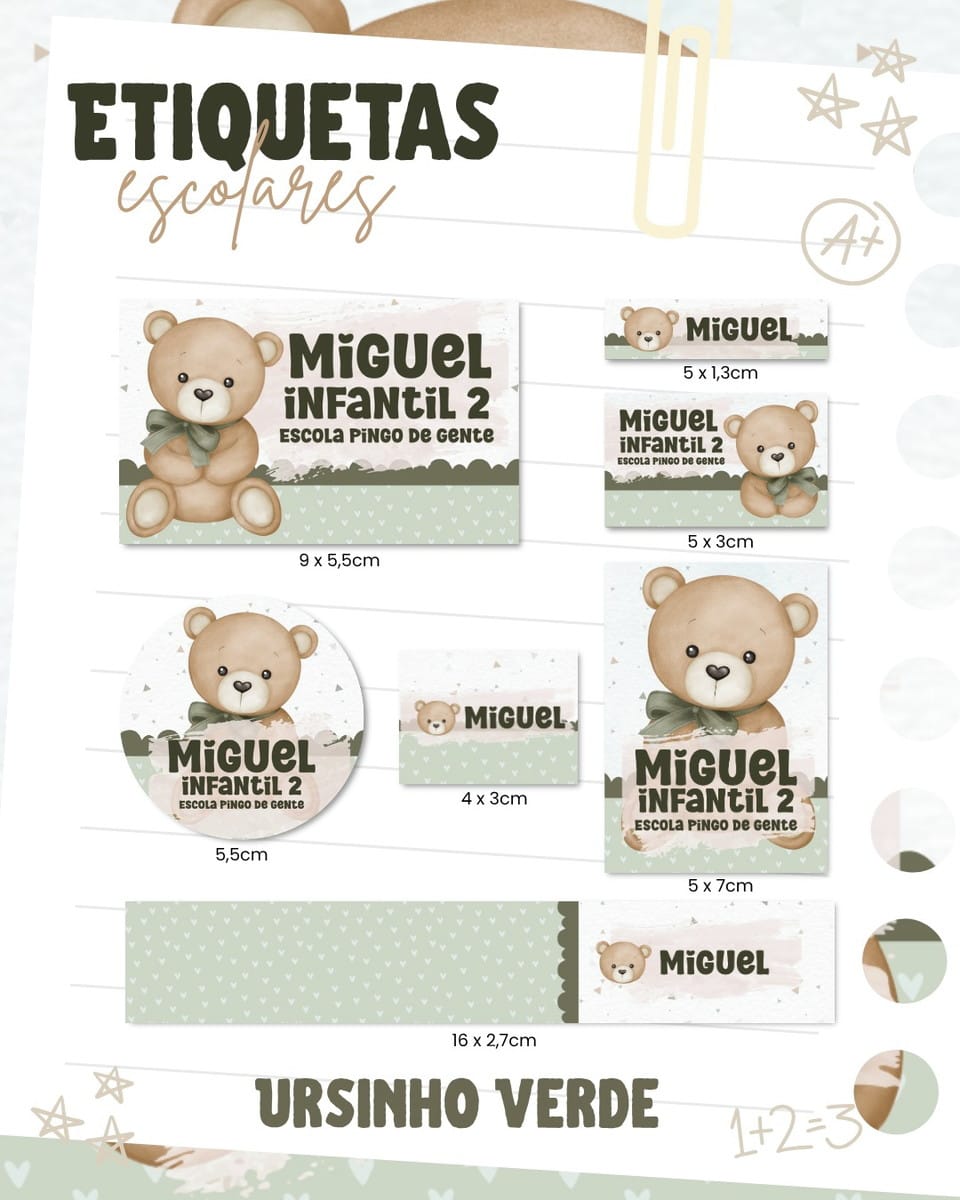 Etiqueta Escolar Ursinho Verde em PNG e PDF 1 Etiqueta Escolar Ursinho Verde em PNG e PDF