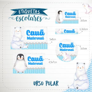 Etiquetas escolares digitais com tema de urso polar e pinguim, texto "Maternal".
