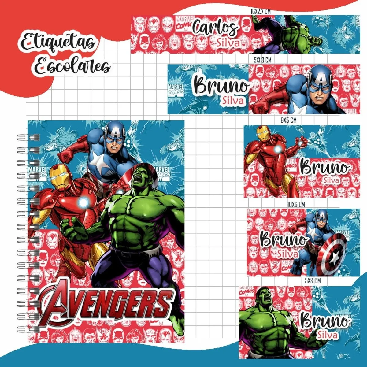Coleção de etiquetas escolares personalizadas com imagens de super-heróis em diversos formatos e tamanhos.