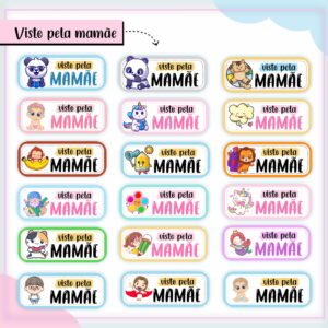 Etiquetas digitais com personagens infantis e o texto "Visto pela MAMAE".