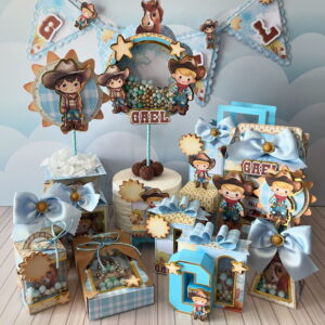 Decoração de festa infantil tema caubói com caixas, bolo e banner.