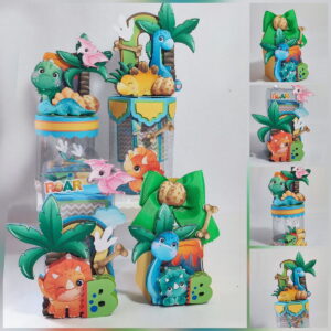 Kit Festa Dinossauro Luxo Digital em Studio e PDF 26 Arte digital de dinossauros coloridos e elementos de selva para festas.