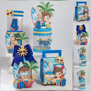 Arte digital de festa infantil tema praia, com menino, surf e número 4.