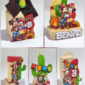 Arte digital com personagens de fazenda em caixas decorativas para Festa Junina.