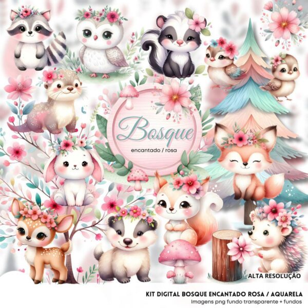 Ilustrações Bosque Encantado Rosa Png Baby Fofo Kit Digital