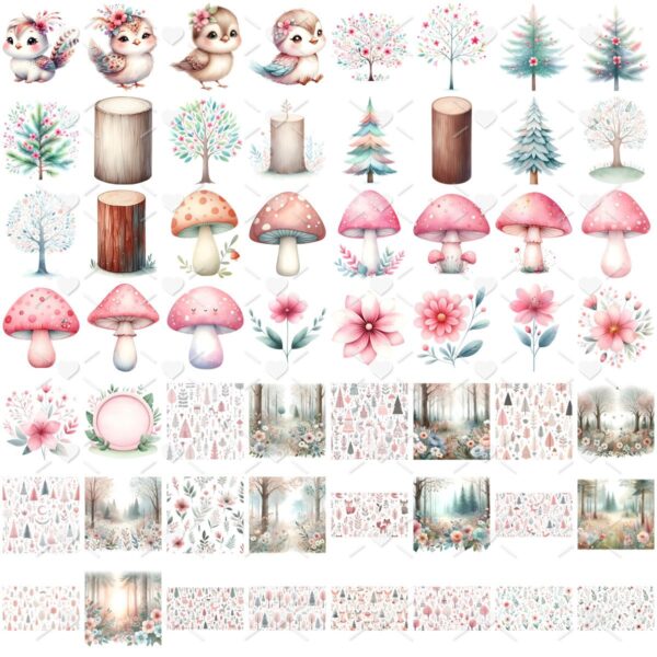 Ilustrações Bosque Encantado Rosa Png Baby Fofo Kit Digital