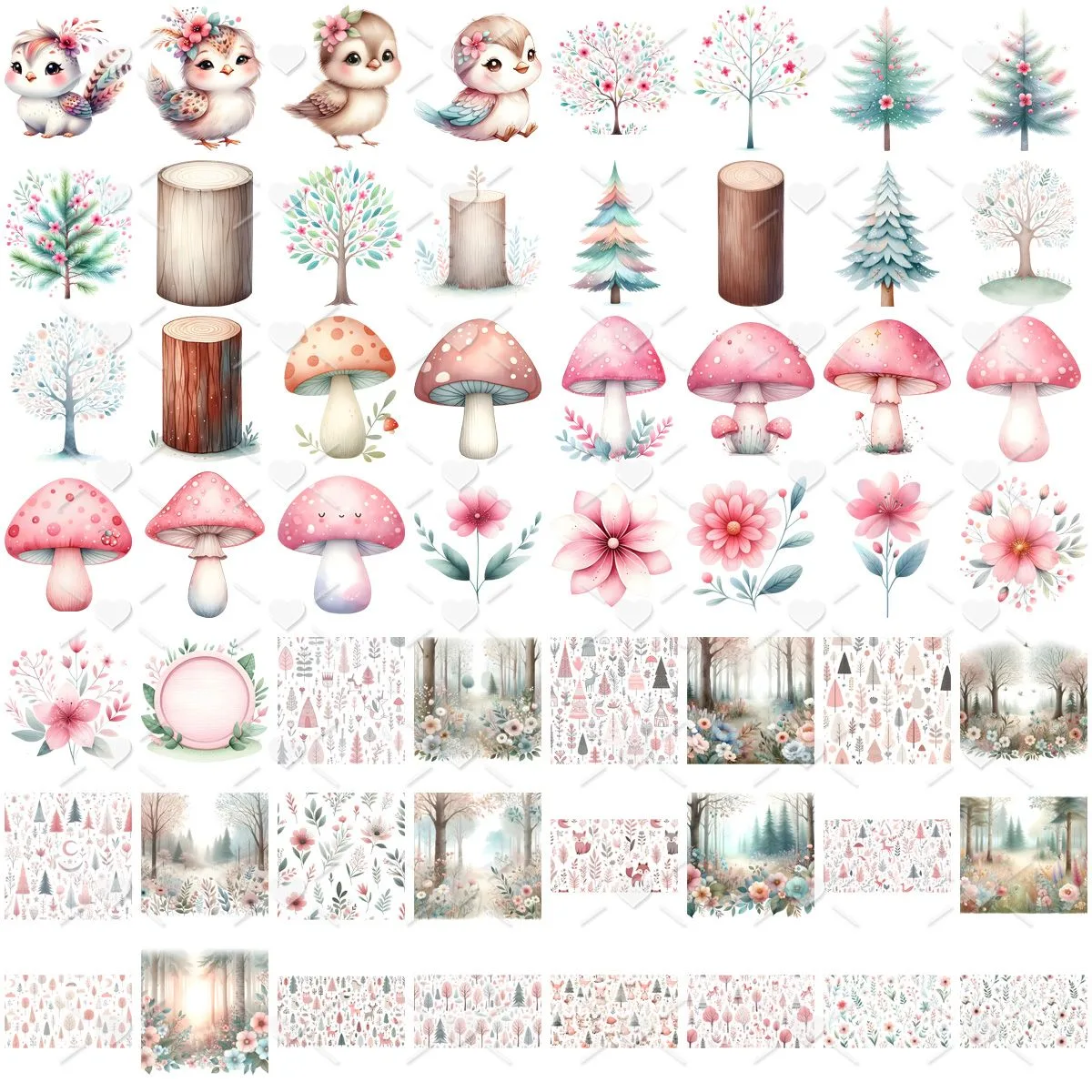 Ilustrações Bosque Encantado Rosa Png Baby Fofo Kit Digital