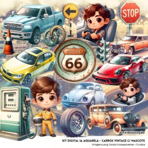 Ilustrações Carros Vintage + Mascotinhos Png Baby Retrô 3D