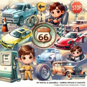 Ilustrações Carros Vintage + Mascotinhos Png Baby Retrô 3D