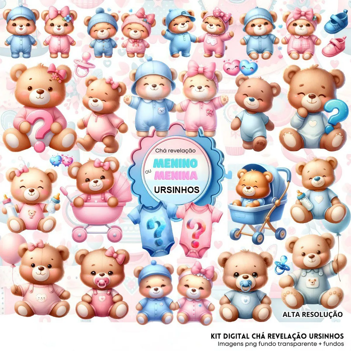 Ilustrações Chá de Bebê Ursinhos Png Baby Menina e Menino