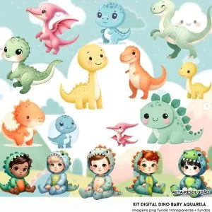Ilustrações Dino Baby Aquarela Png Baby Fofo Kit Digital 3D