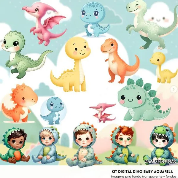 Ilustrações Dino Baby Aquarela Png Baby Fofo Kit Digital 3D