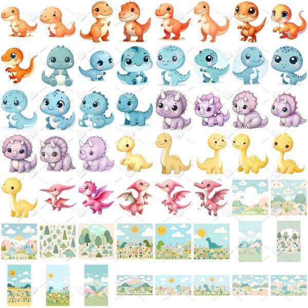 Ilustrações Dino Baby Aquarela Png Baby Fofo Kit Digital 3D
