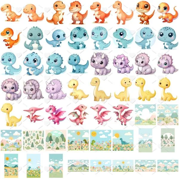 Ilustrações Dino Baby Aquarela Png Baby Fofo Kit Digital 3D