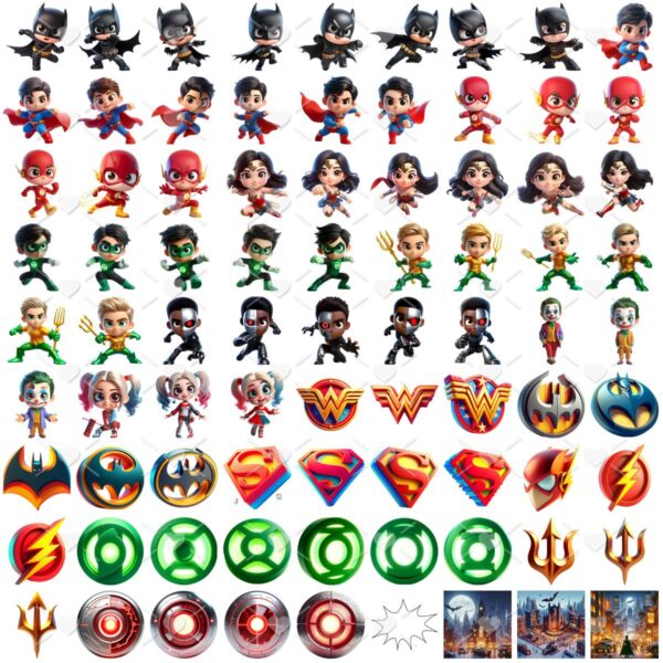 Ilustrações Liga da Justiça Png Baby Fofo Kit Digital 3D