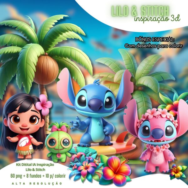 Ilustrações Lilo, Stitch e Angel Cute 3D Fofo Imagens Png